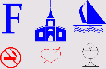 Буква F, католический костел, яхта, знаки